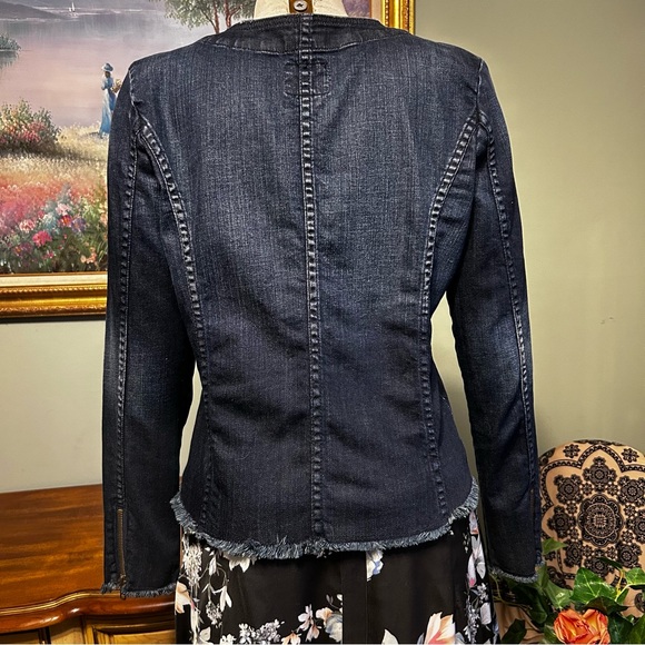 Lucky Brand Blue Snap Front Hidden Zip Fringe Edge Denim Jacket Medium - Picture 7 of 14